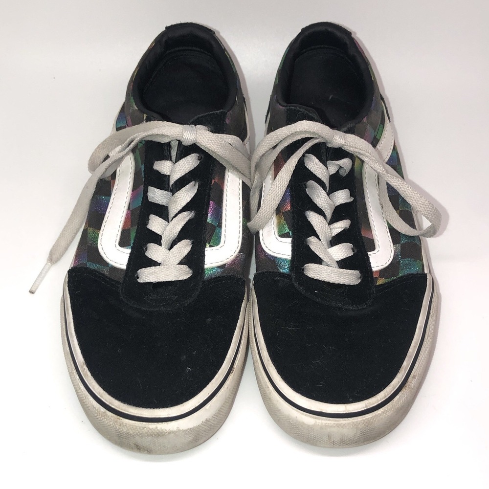 Women's Vans Black Suede Iridescent Checkerboard Size 7.5 Low Top Skater Lace Up - Picture 2 of 9